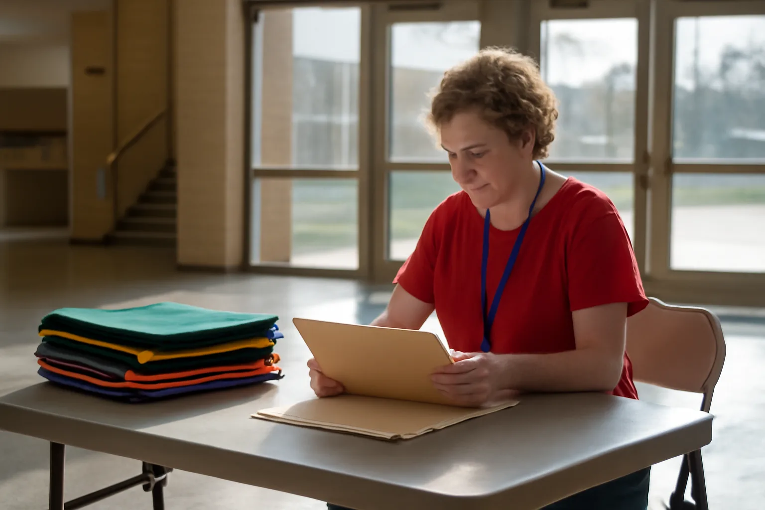 Volunteer treasurer reviewing paperwork at a school gym entrance table