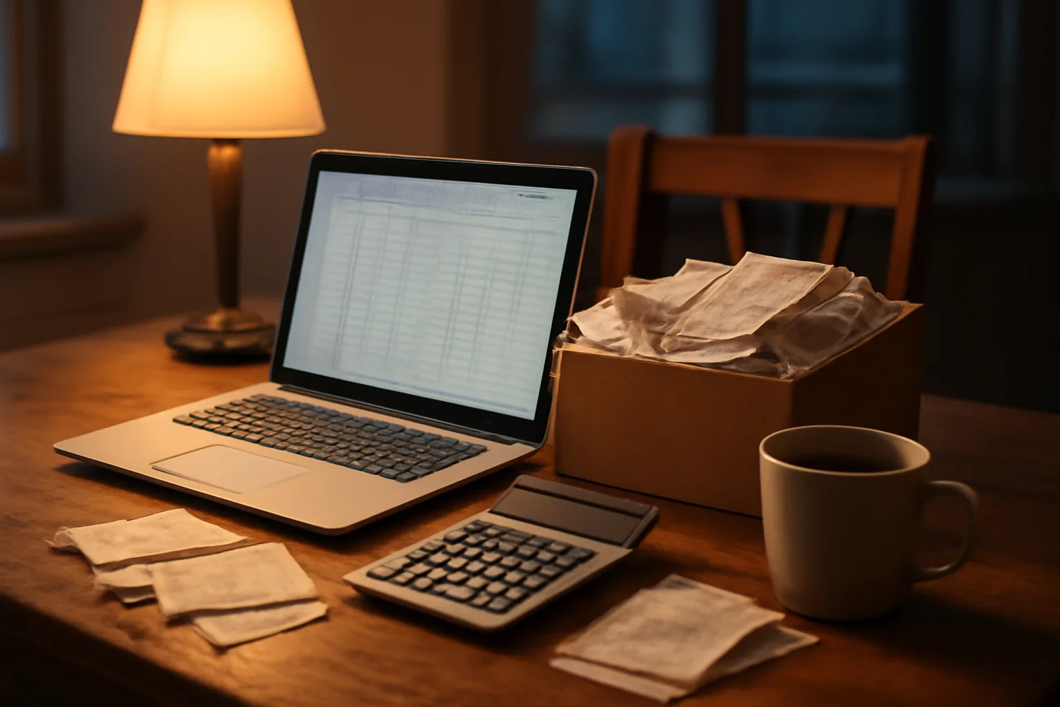 Volunteer treasurer's kitchen table with laptop, receipts, and calculator at night