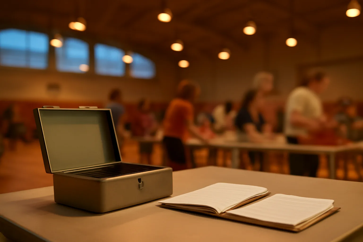 Volunteer treasurer's cash box and ledger on a folding table at a school booster club fundraiser