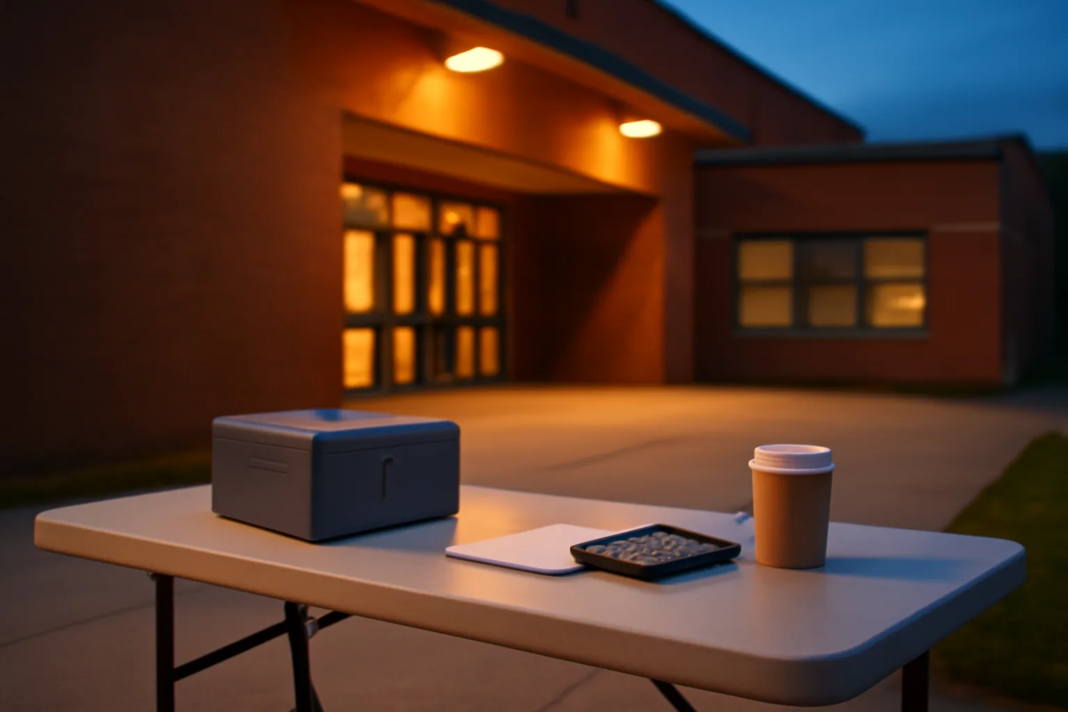 Treasurer's cash box and ledger notebook on a folding table outside a gym