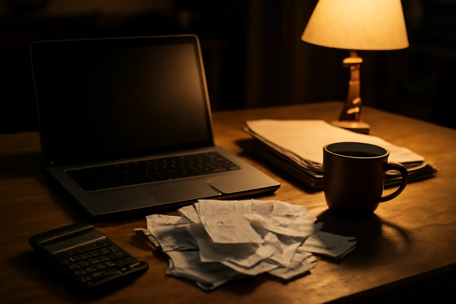 Volunteer treasurer working on nonprofit filing paperwork at a kitchen table at night