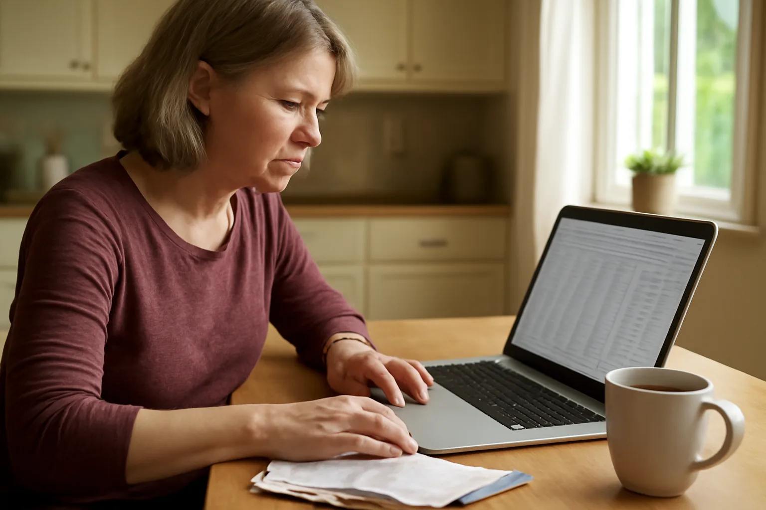 Volunteer treasurer reviewing financial records at home to prepare 990-EZ filing