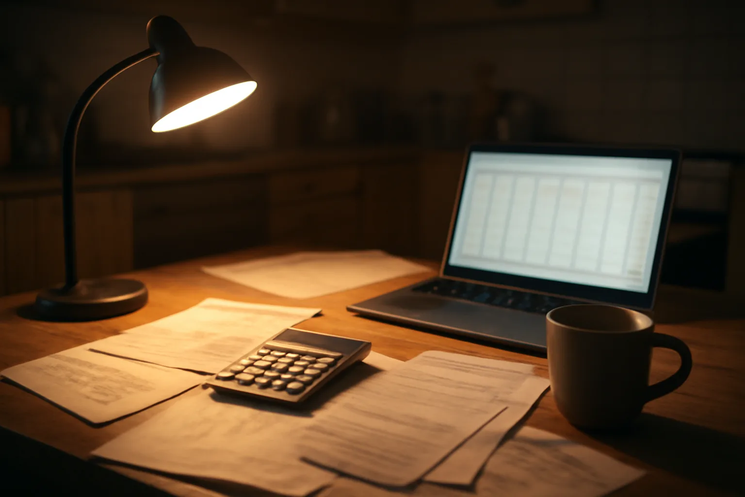 Volunteer treasurer's kitchen table workspace with receipts, calculator, and laptop at night