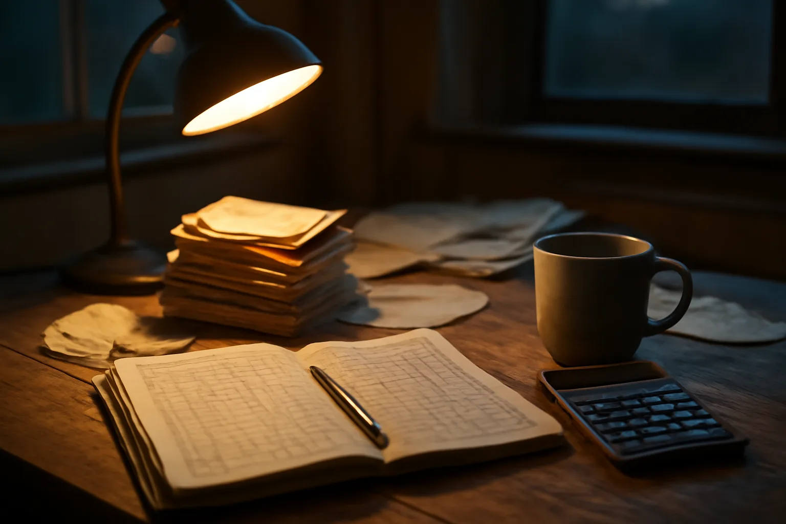volunteer treasurer's desk with receipts, ledger, and calculator under lamp light