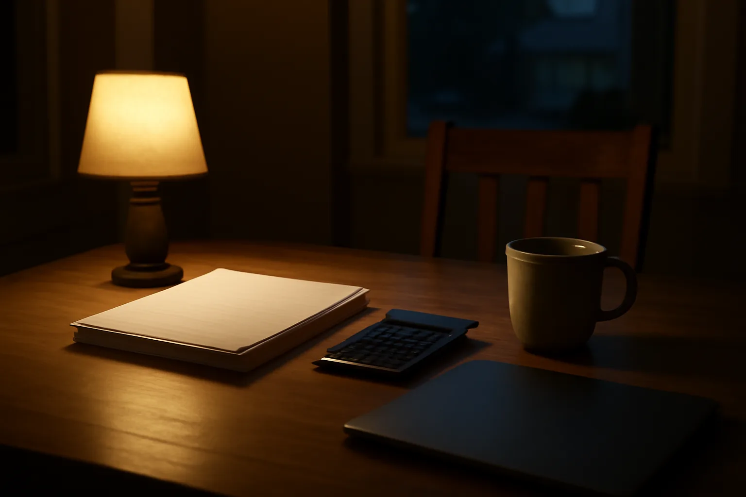 Volunteer treasurer reviewing paper bank statements at a kitchen table at night