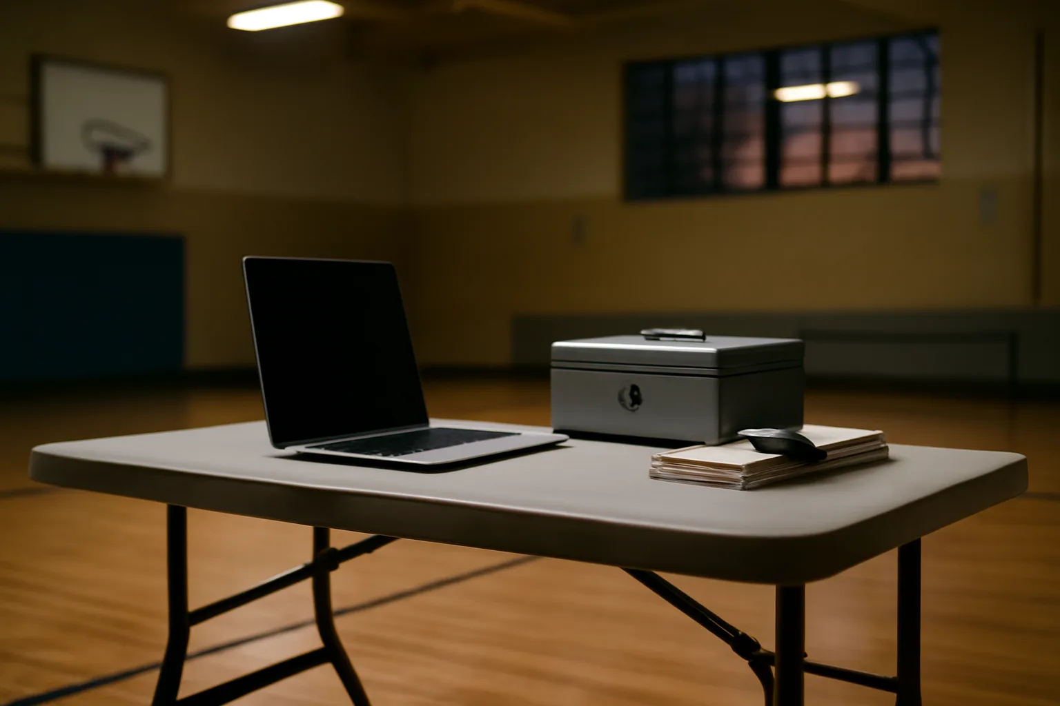 Volunteer treasurer's laptop and cash box on a table, representing 990 forms recordkeeping