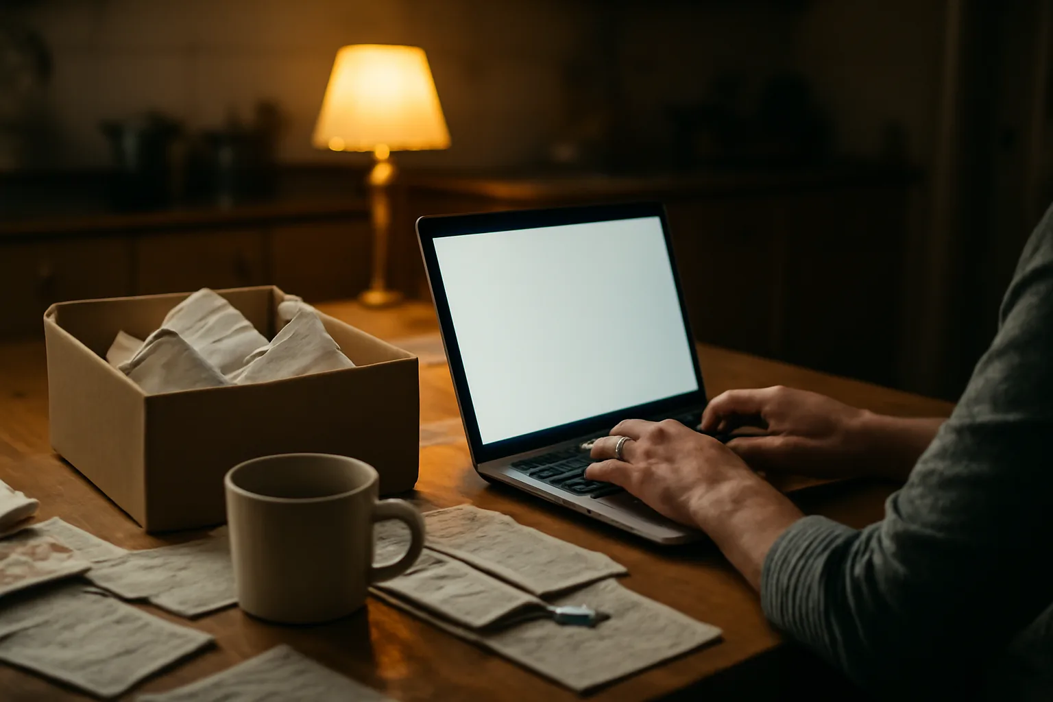 Volunteer treasurer filing paperwork at a kitchen table late at night