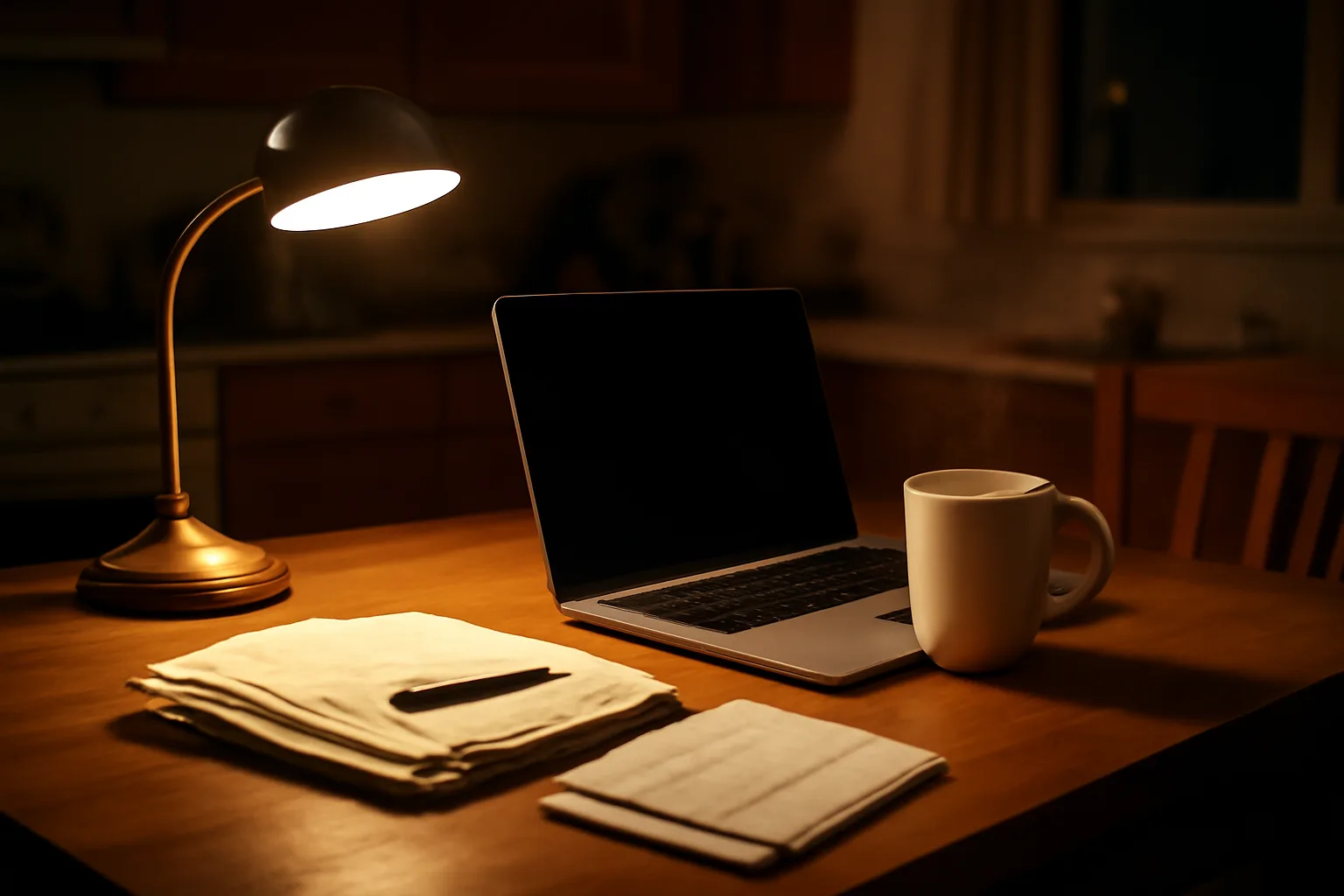Volunteer treasurer at a kitchen table filing 990-N paperwork on a laptop at night