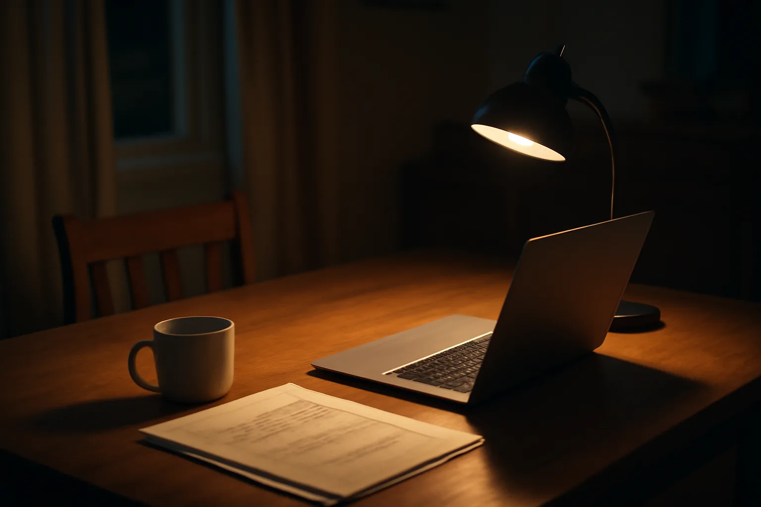 Laptop and paperwork on a kitchen table during late-night 990-N form filing session