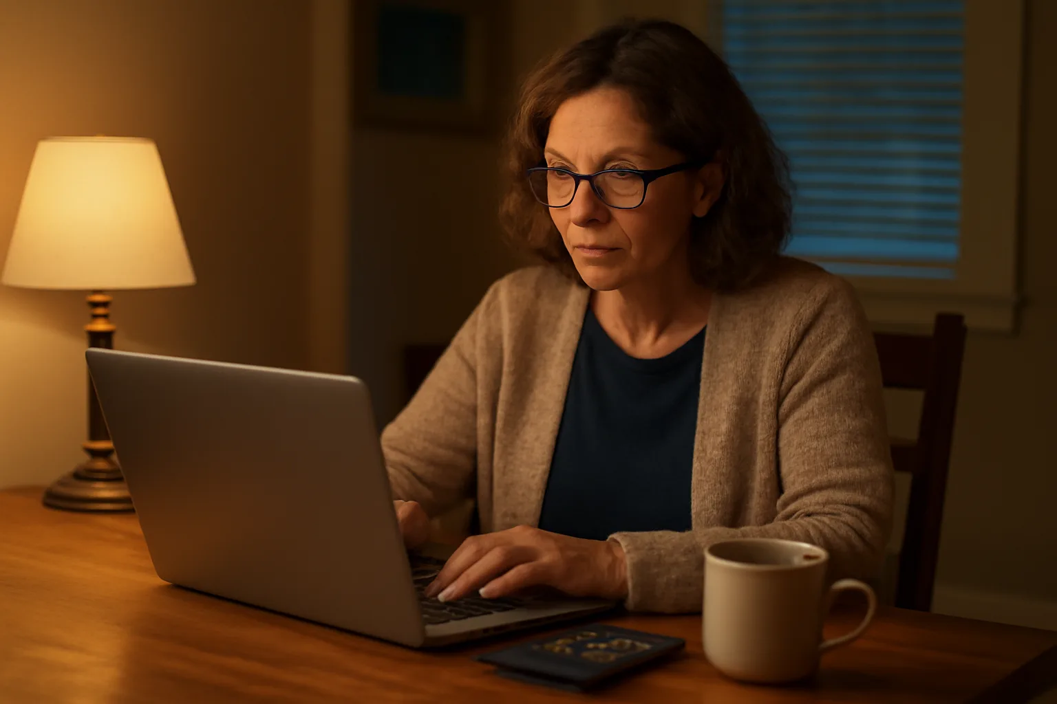Volunteer treasurer working on a laptop with bank statements at a kitchen table
