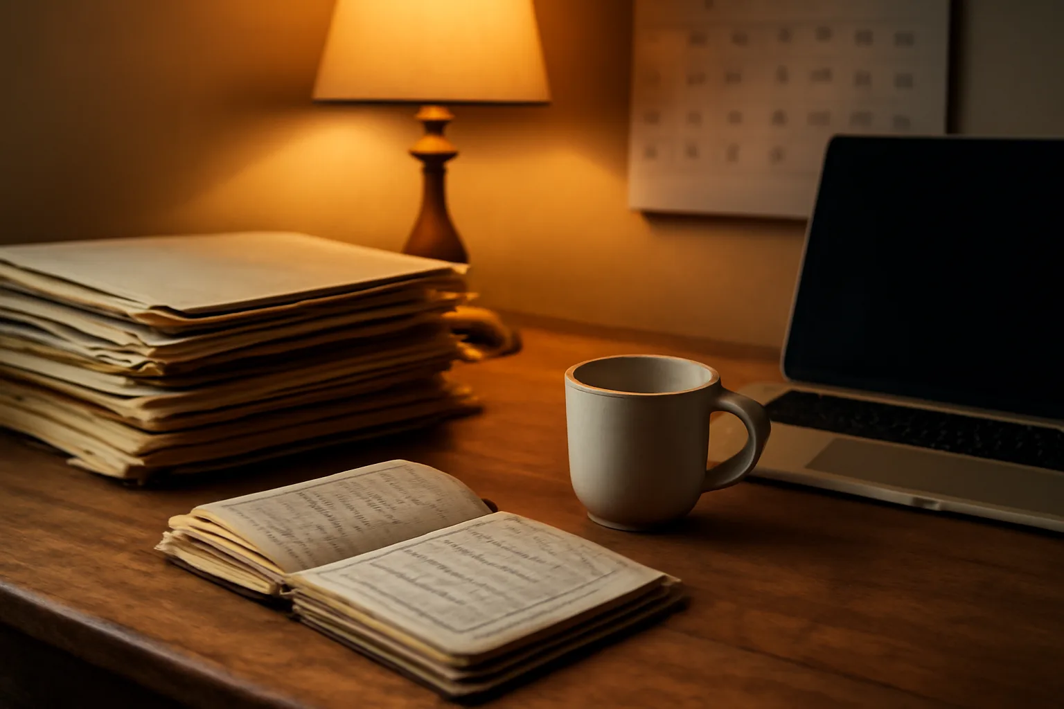 Volunteer treasurer's desk with folders and ledger, evoking 990-N late filing penalty worries