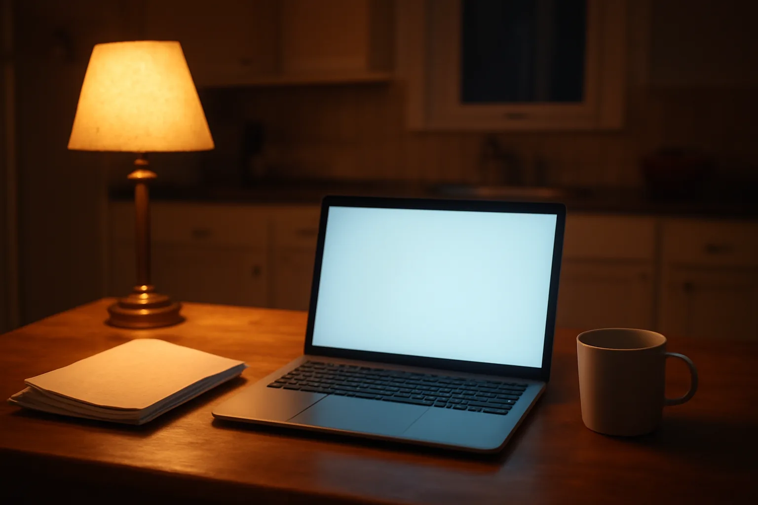 Volunteer treasurer sitting at a kitchen desk at night preparing to file 990-N online