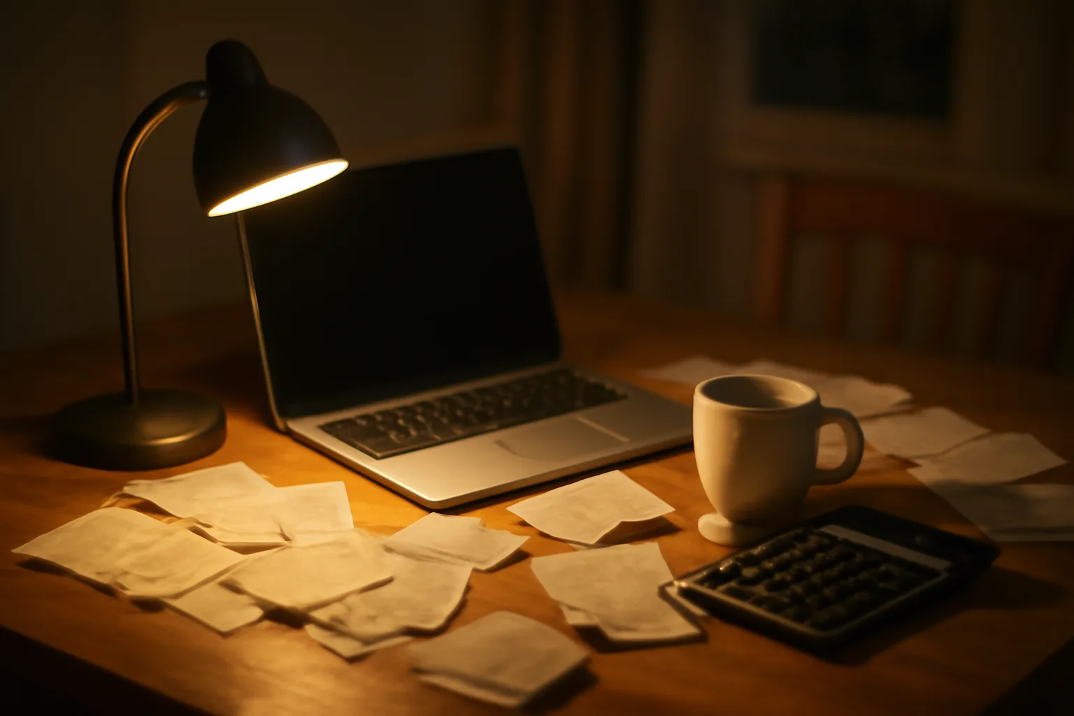Treasurer's home desk at night while filing the 990 postcard online