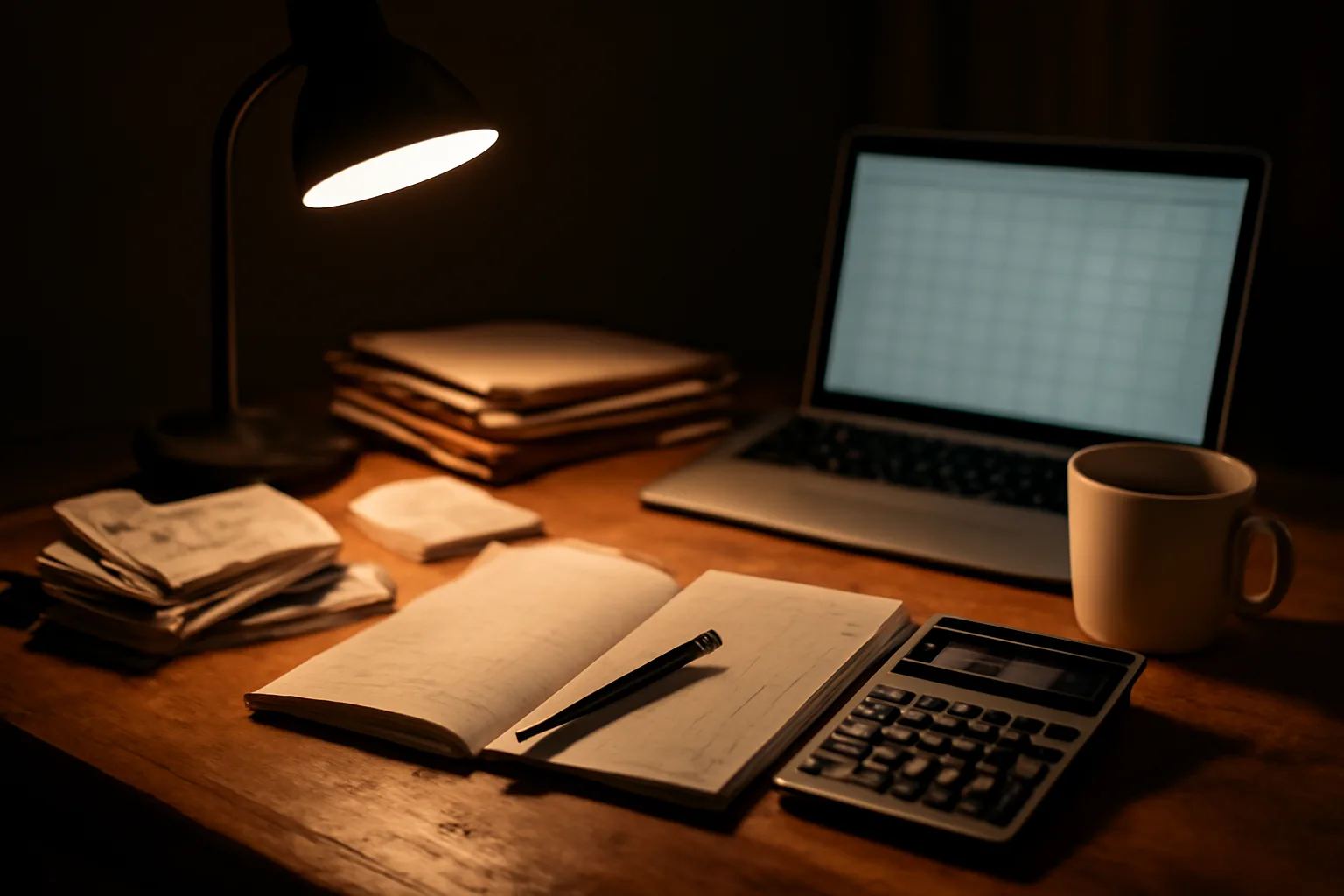 Volunteer treasurer's desk at night with ledger, calculator, and receipts for 990 tax form filing