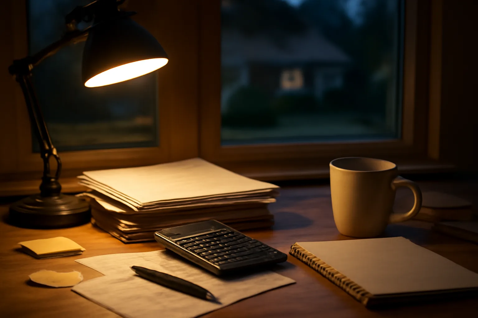 Home desk at night with bank statements and calculator for filing 990 tax forms