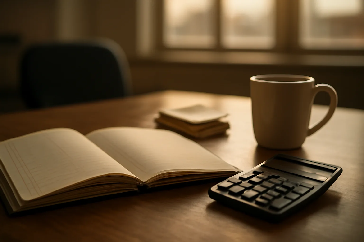 Desk with ledger, calculator, and receipts representing a treasurer preparing a 990 tax return