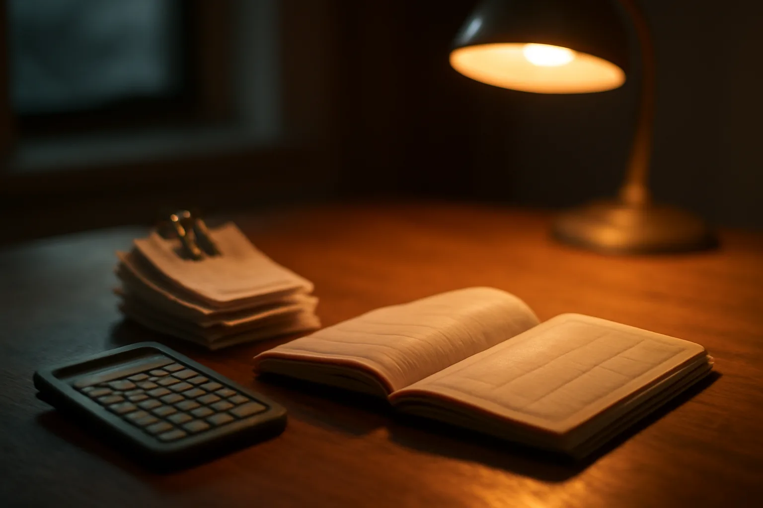 Desk lamp lighting a ledger and receipts for a volunteer treasurer filing the 990-EZ form