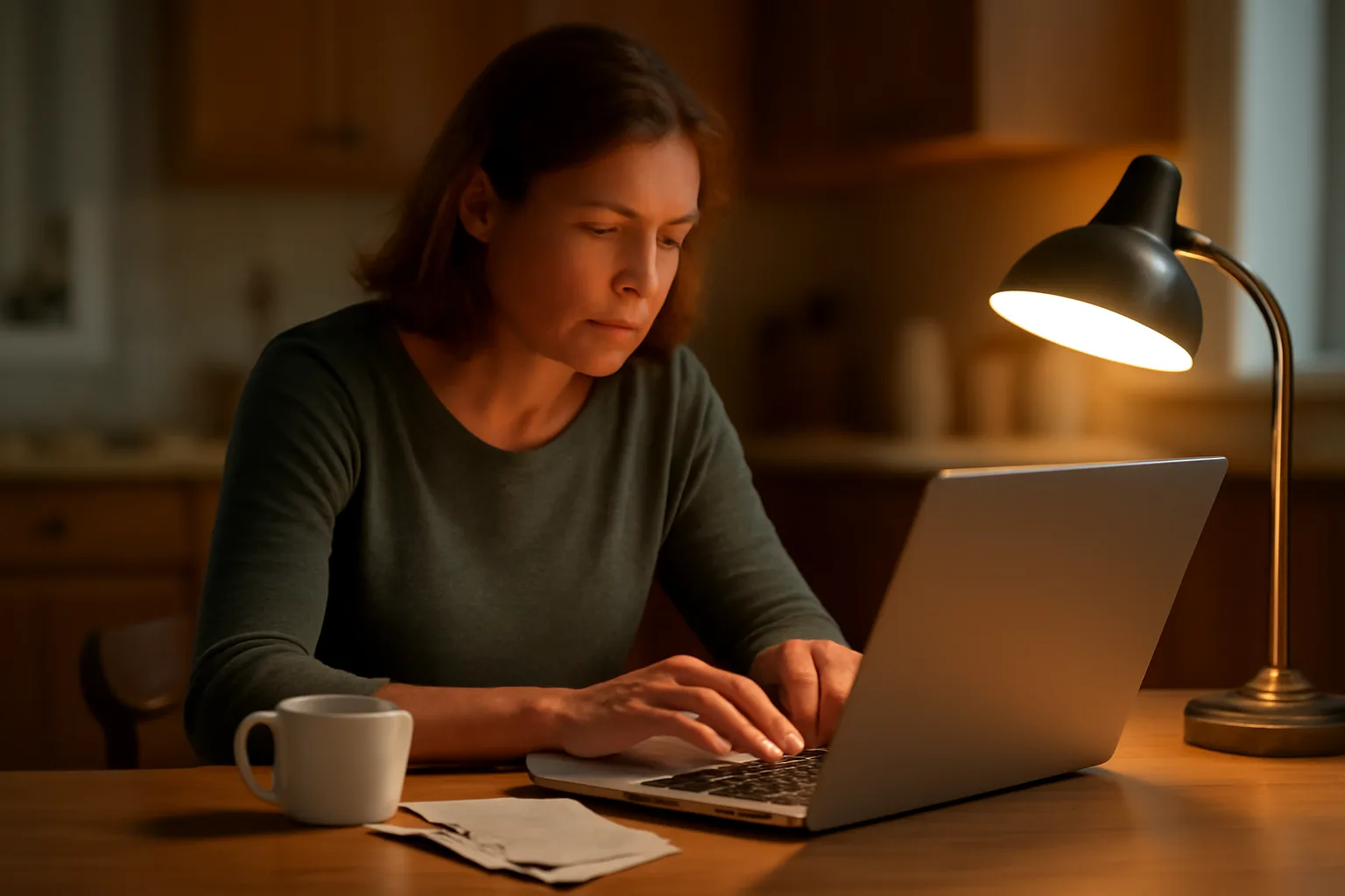 Volunteer treasurer working at a kitchen table on nonprofit filing tasks at night