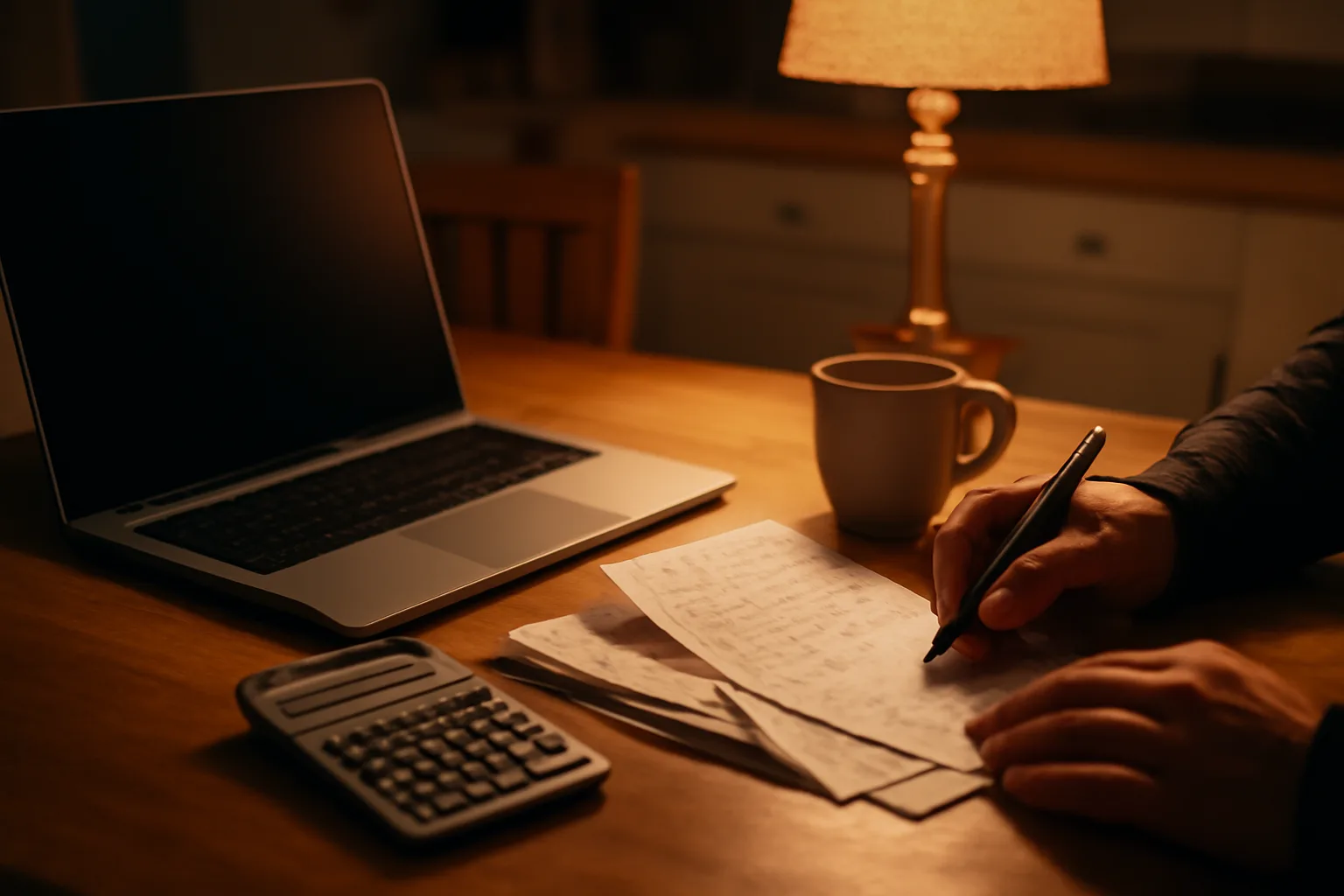 Volunteer treasurer reviewing receipts and a laptop at a kitchen table at night
