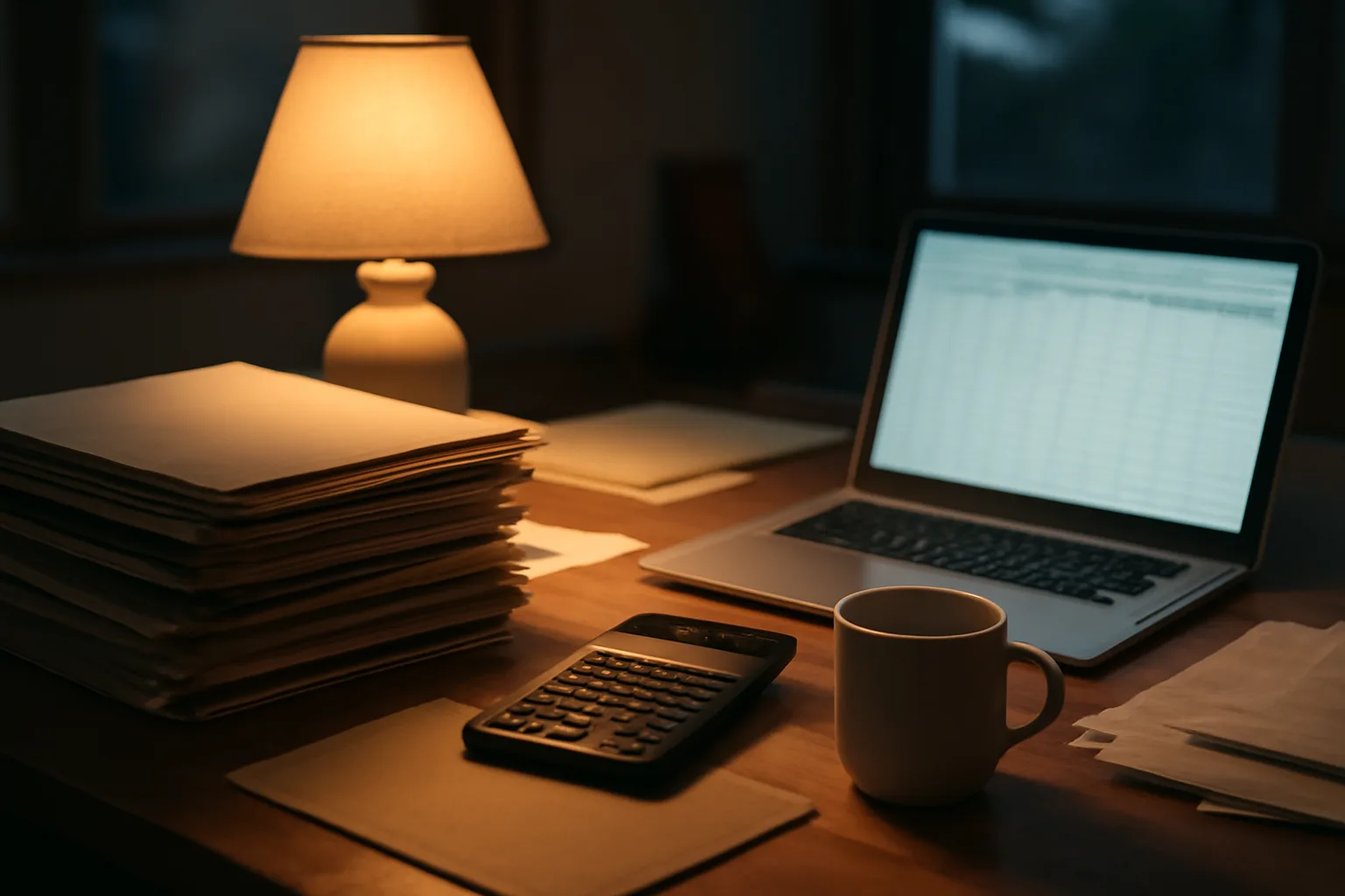 Volunteer treasurer's desk with folders and laptop, representing form 990-N filing consequences