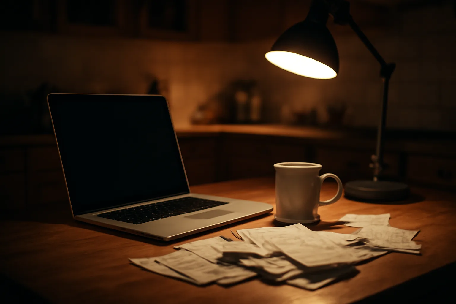 Volunteer treasurer working late at a kitchen table on a laptop with receipts