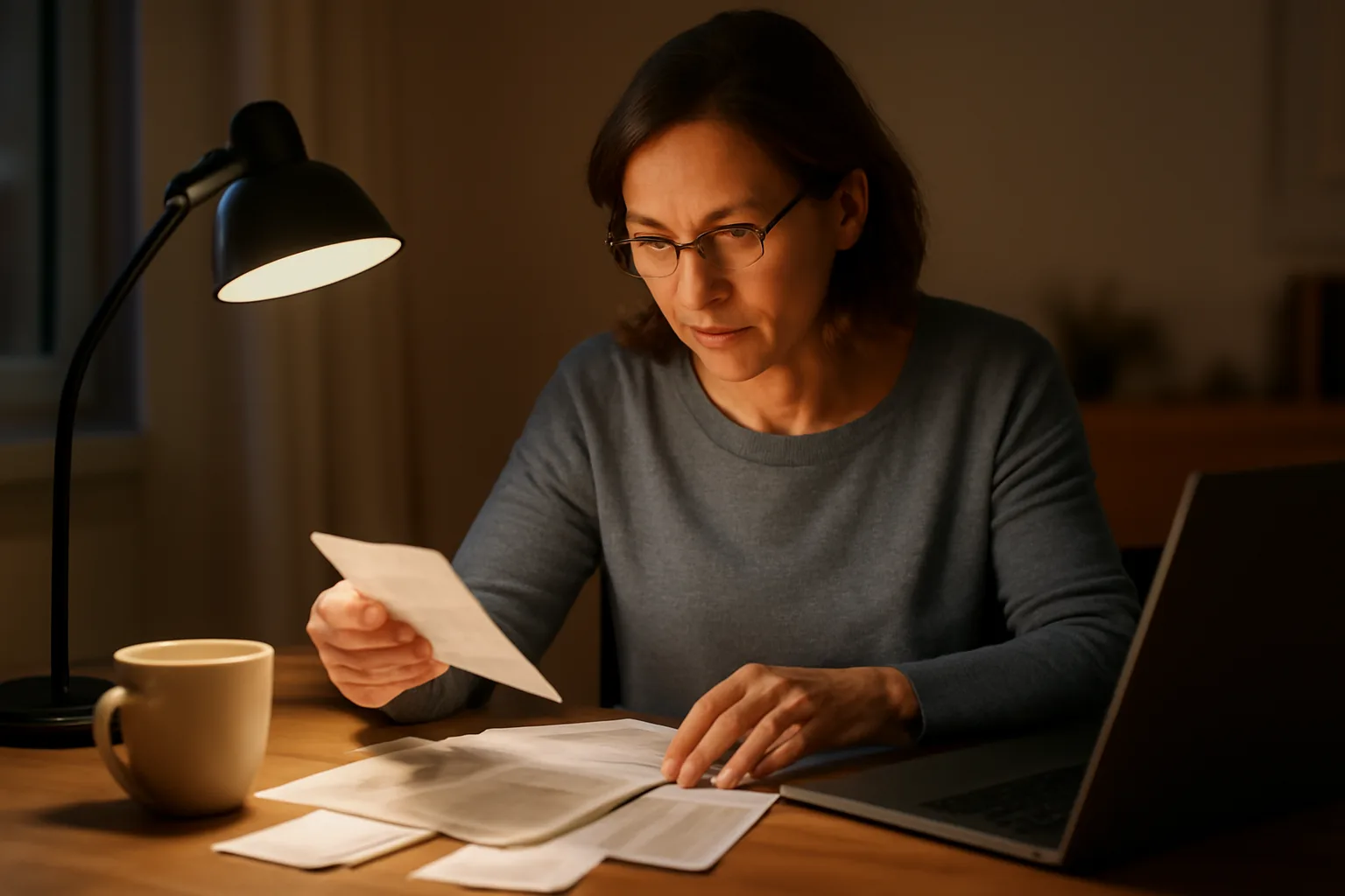 Volunteer treasurer sorting receipts and bank statements at a kitchen table at night