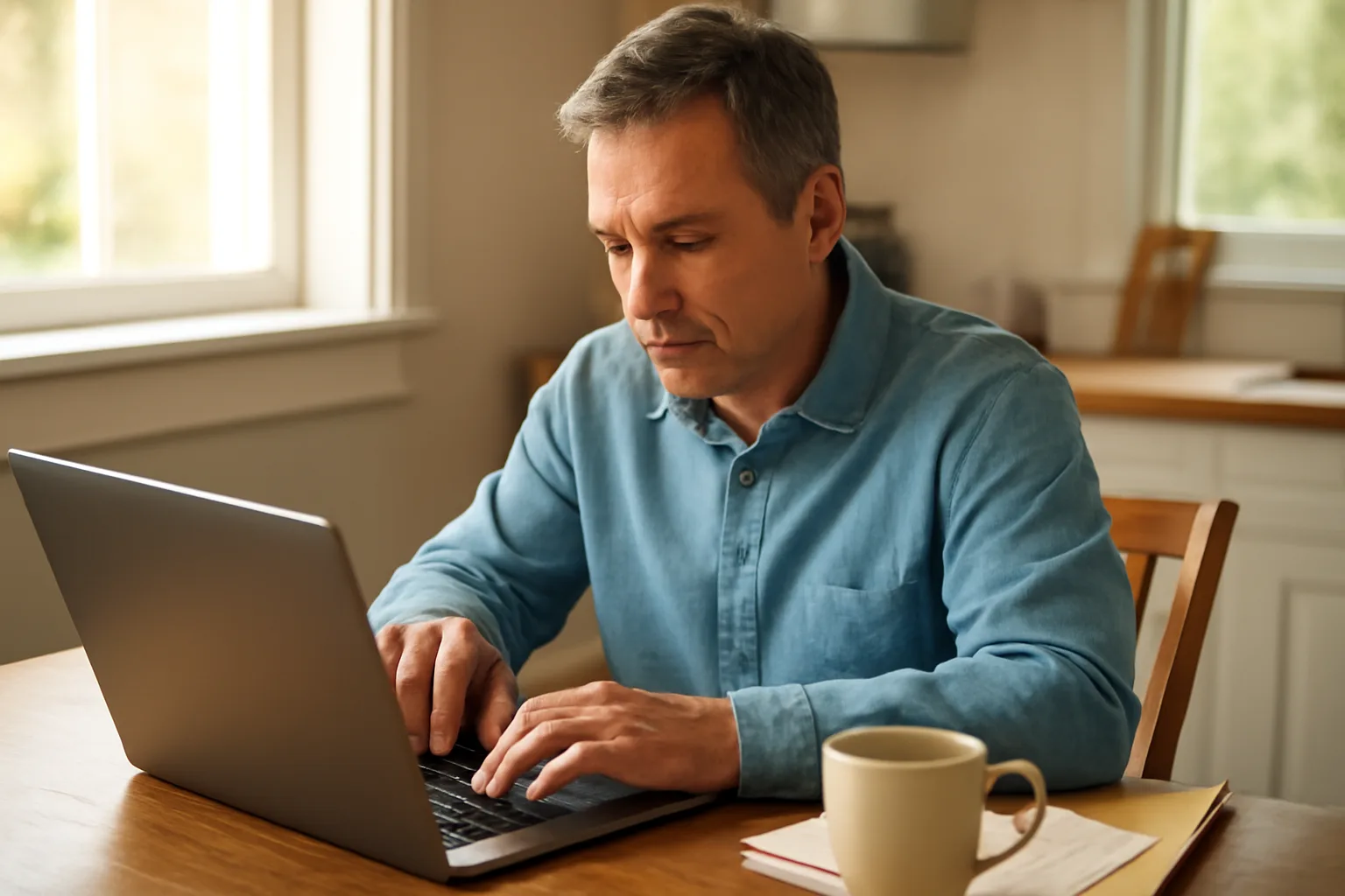 Volunteer treasurer filing paperwork on a laptop at a kitchen table