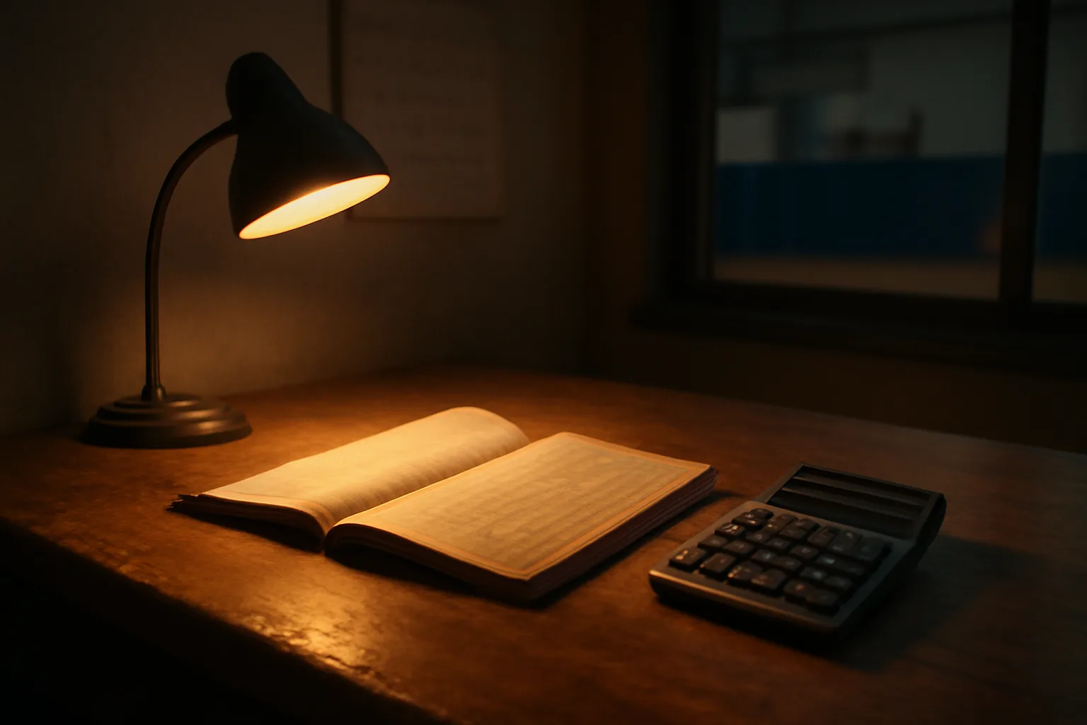 Volunteer treasurer's desk with ledger and calculator under lamp light, representing late 990-N filing