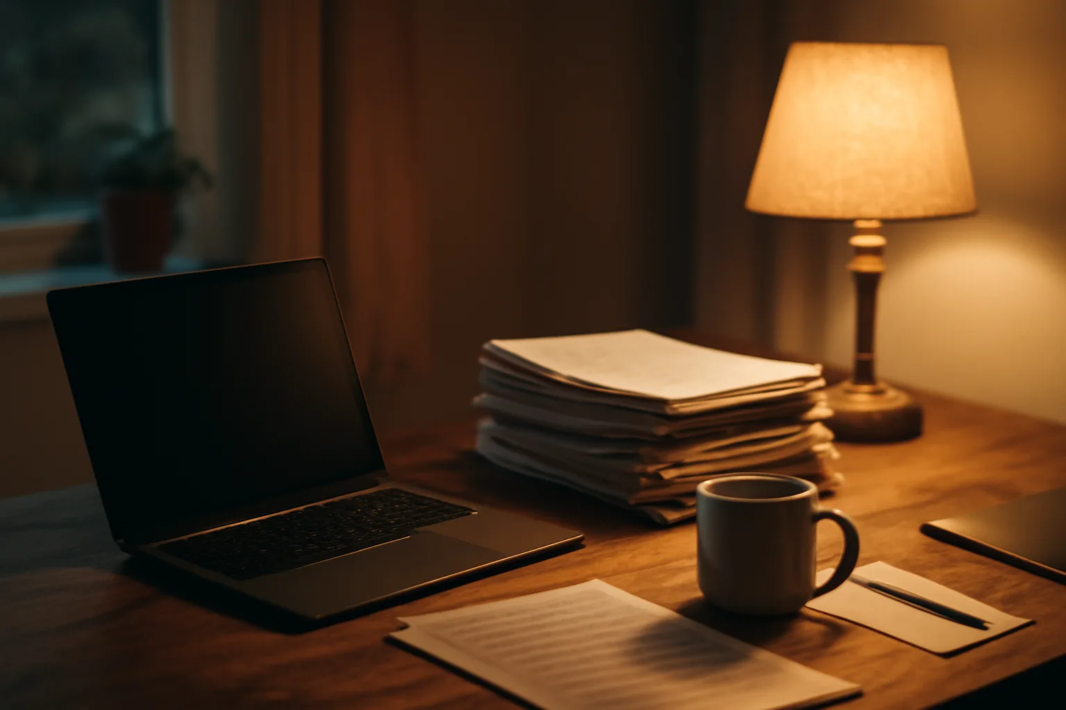 Treasurer's desk with laptop and bank statements while filing the 990-N postcard