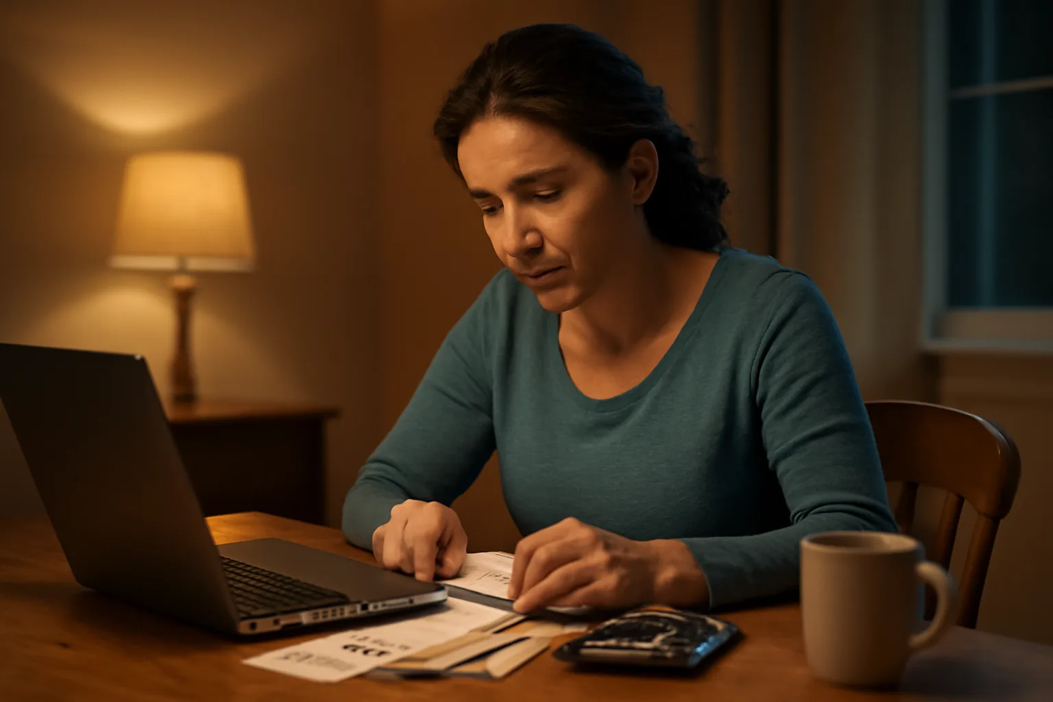 Volunteer treasurer working on a laptop at home while filing a 990-N postcard