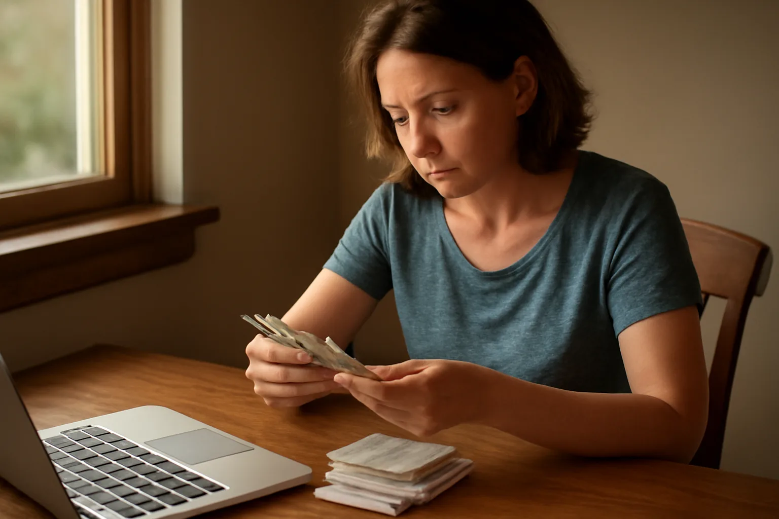 Booster club treasurer counting cash and checks at home for 990 filing