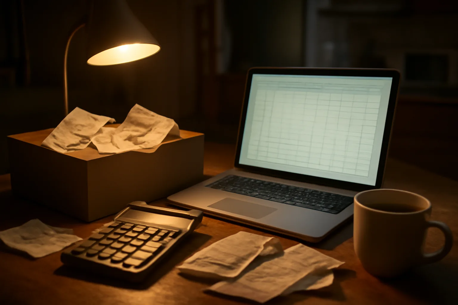 Volunteer treasurer's desk at night while filing nonprofit taxes with receipts and laptop