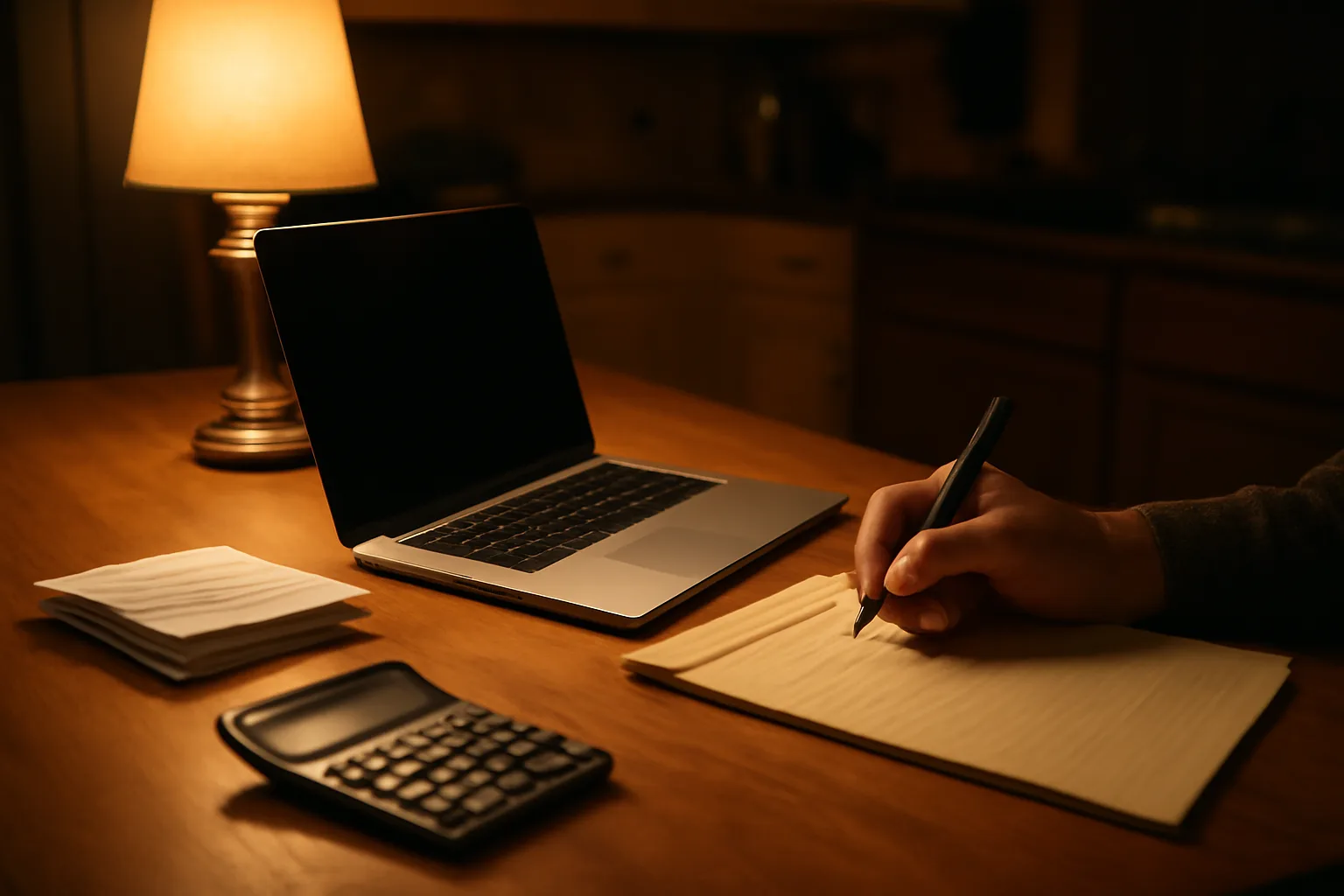 volunteer treasurer at a kitchen table filing taxes for nonprofit with laptop and bank statements