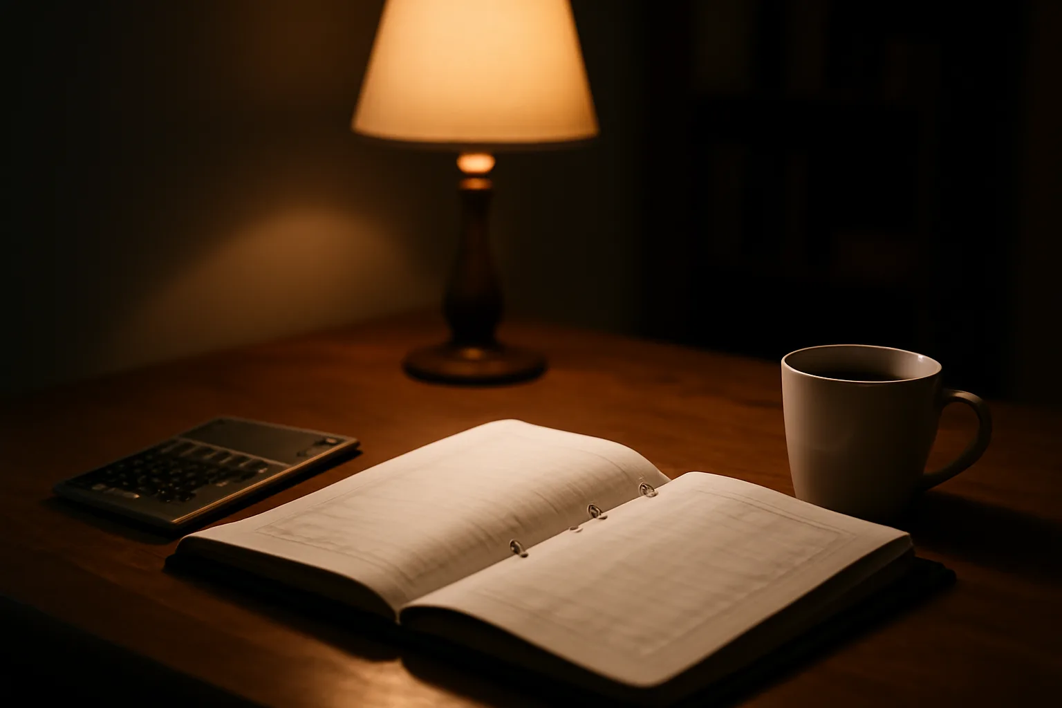 Home office desk at night showing a ledger, calculator, and coffee cup for booster club treasurer work