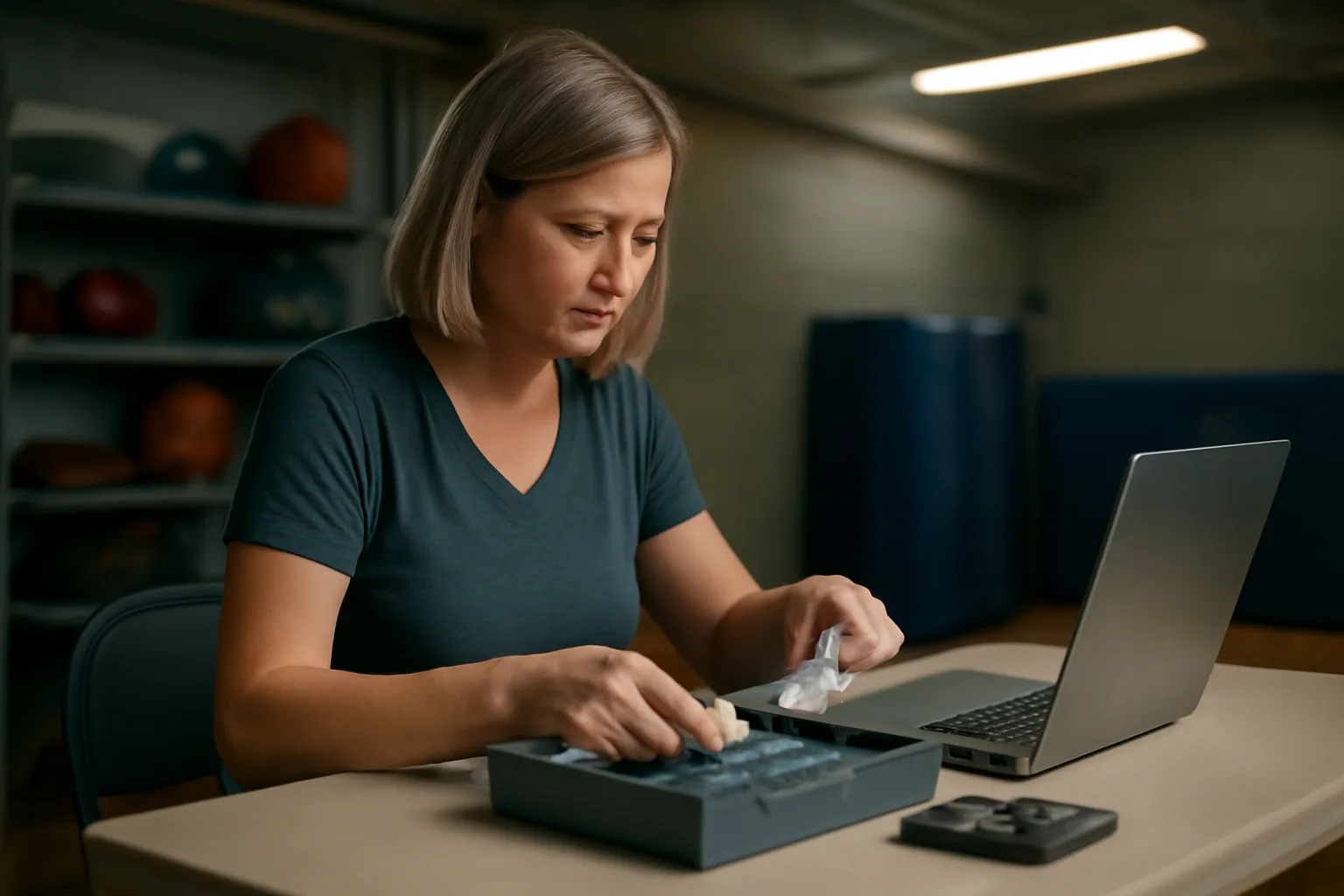 Volunteer treasurer sorting cash box and receipts at a folding table near a laptop