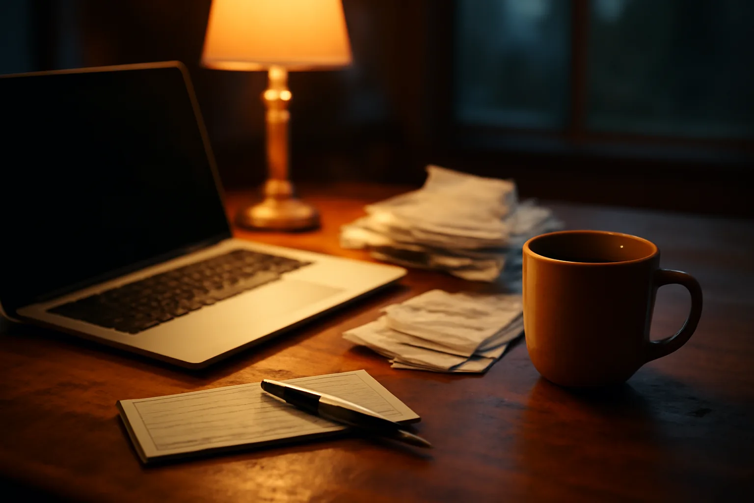 Volunteer treasurer's home desk with laptop, receipts, and checkbook at night
