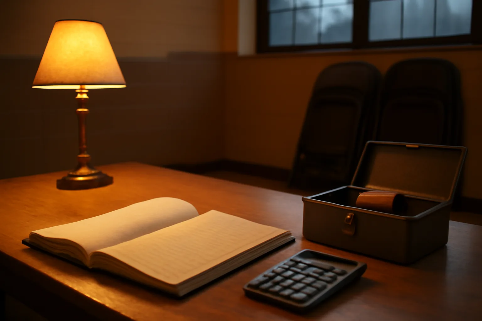 Volunteer treasurer's desk with ledger, calculator, and cash box for booster club finances