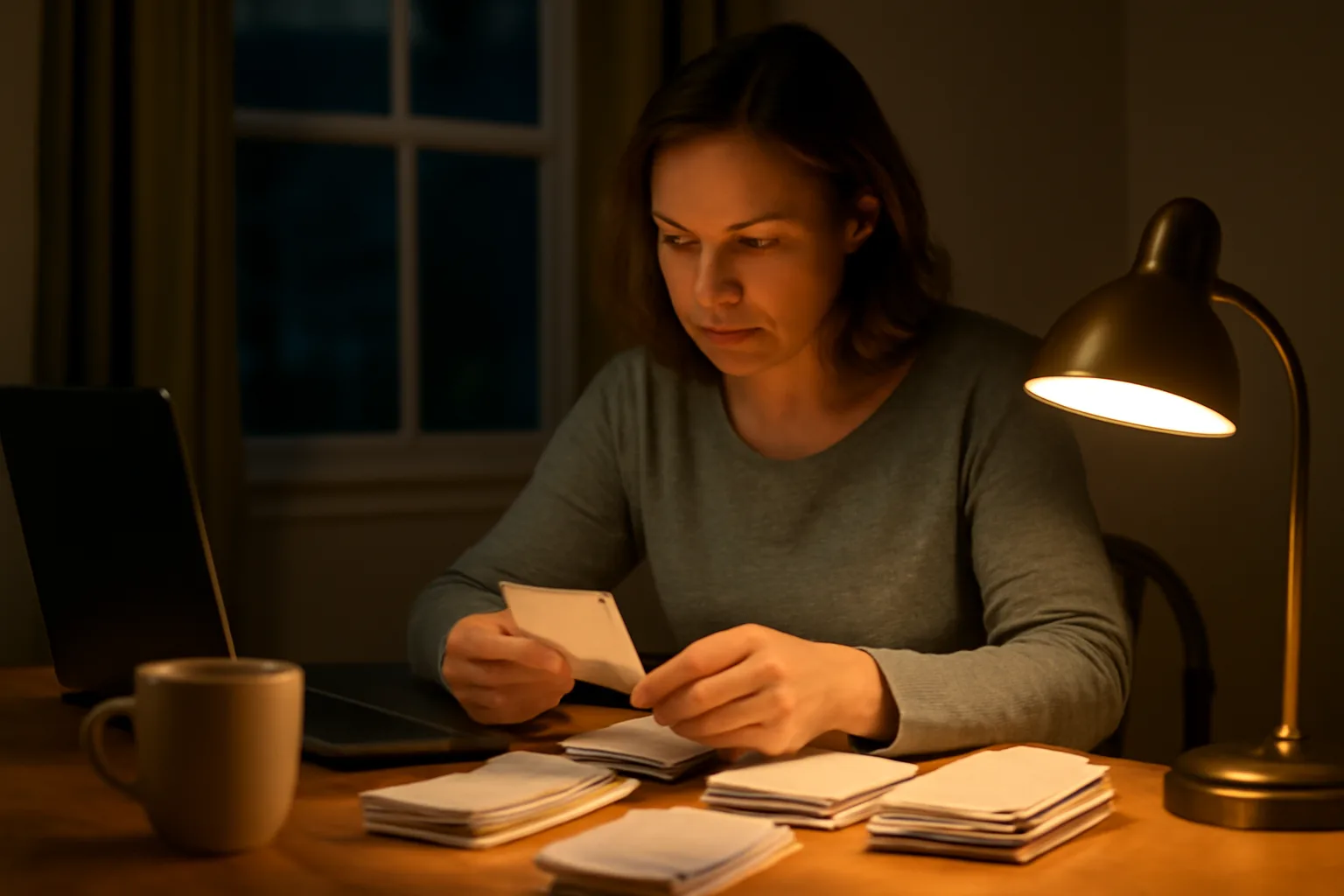 Volunteer treasurer sorting receipts at a kitchen table while working on IRS 990 filings