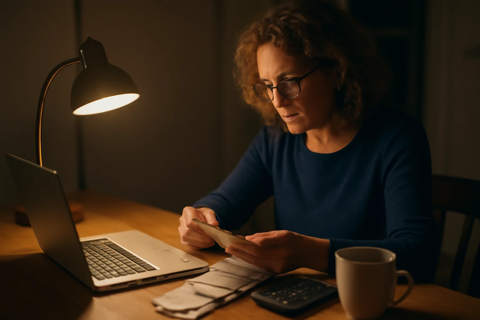 Volunteer treasurer reviewing receipts and laptop while preparing IRS 990 filings