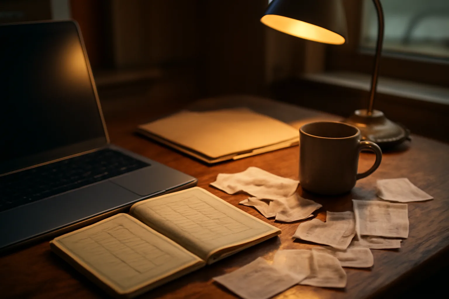 Volunteer treasurer's desk with laptop and ledger during evening nonprofit bookkeeping work