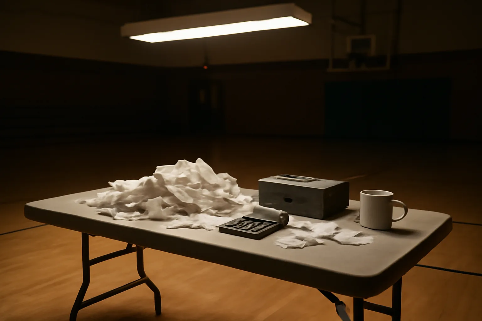 Folding table with receipts, calculator, and cash box for booster club treasurer work