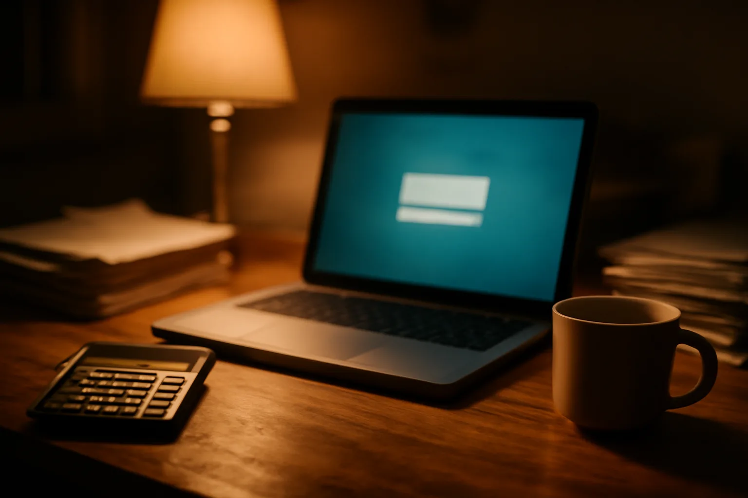 Volunteer treasurer's desk at night while filing IRS Form 990-N electronically on a laptop