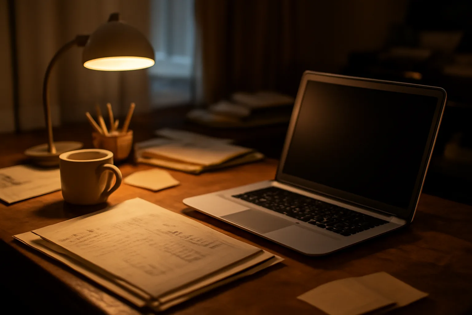 Home desk with laptop and financial folder, evening light, no text visible