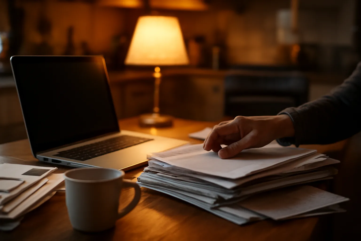 Volunteer treasurer reviewing financial papers and laptop at kitchen table at night