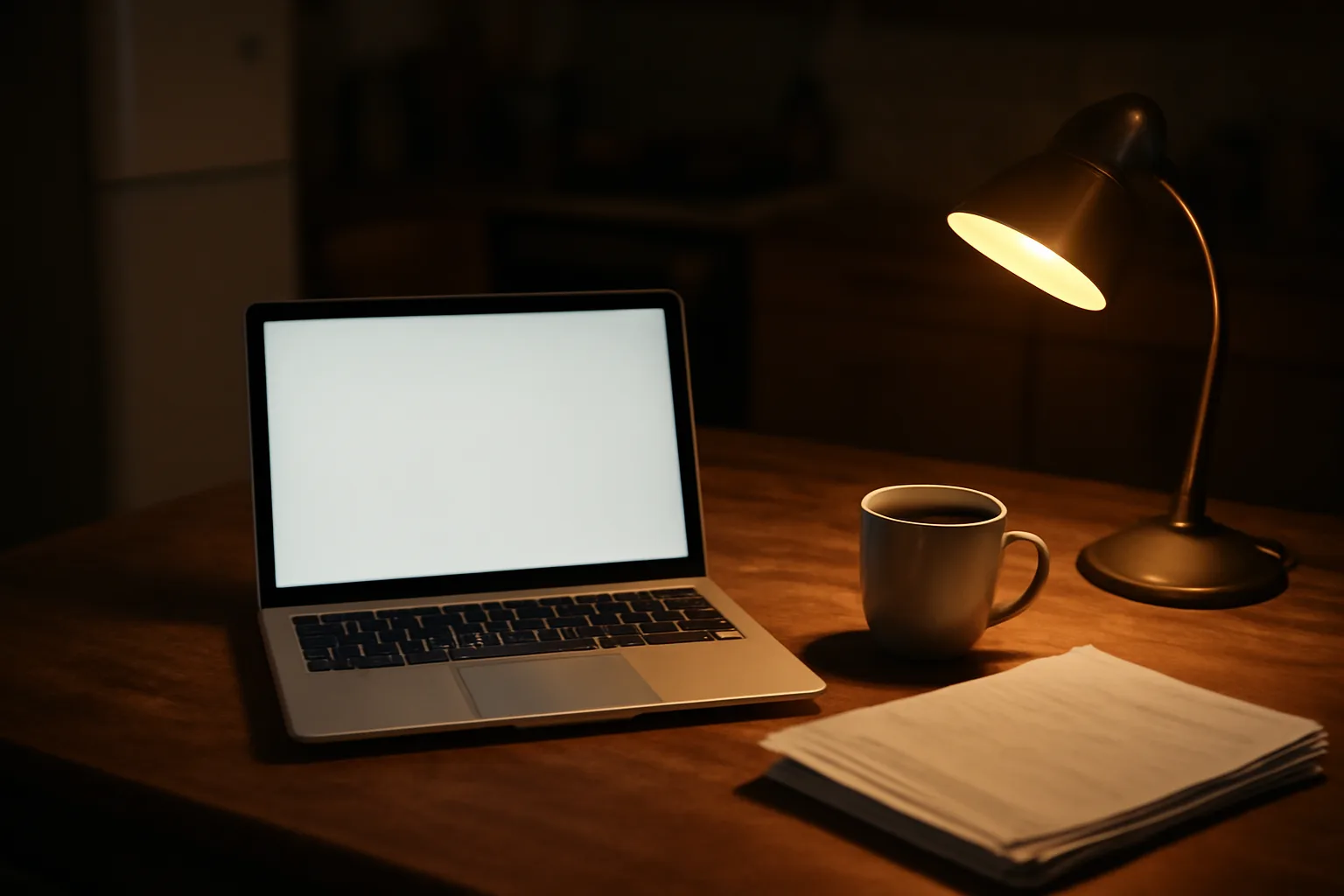 Volunteer treasurer working late at a kitchen table with laptop and bank statements