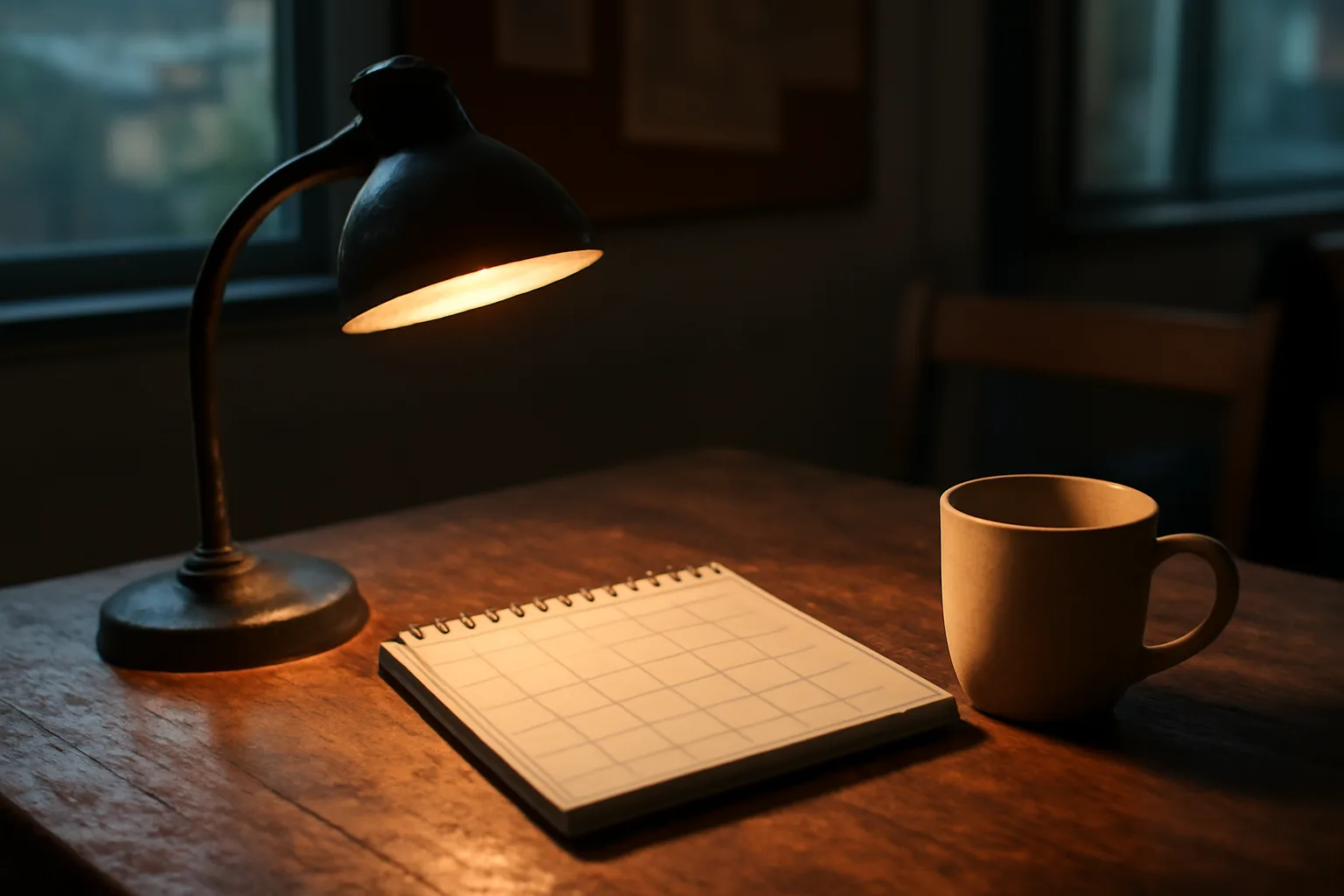 Desk lamp lighting a calendar on a volunteer treasurer's evening desk