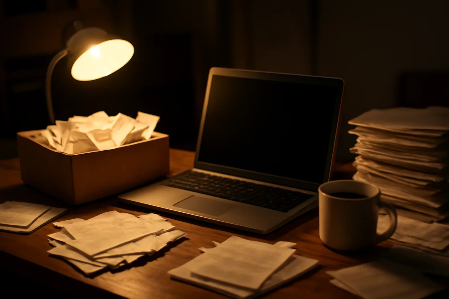 Volunteer treasurer's desk at night with laptop, receipts, and lamp light