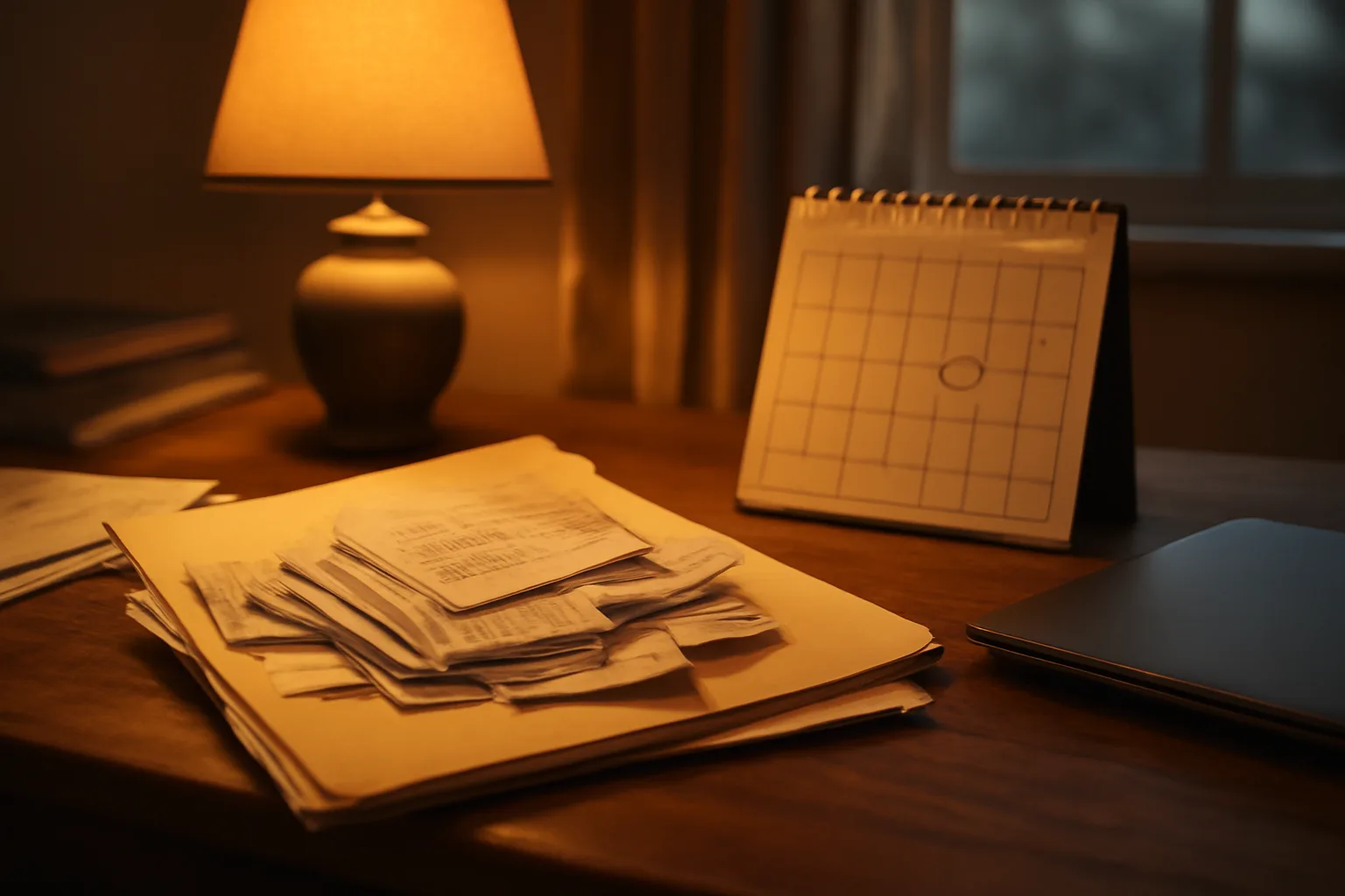 Home desk with folder of receipts and circled calendar date for late filing 990-n