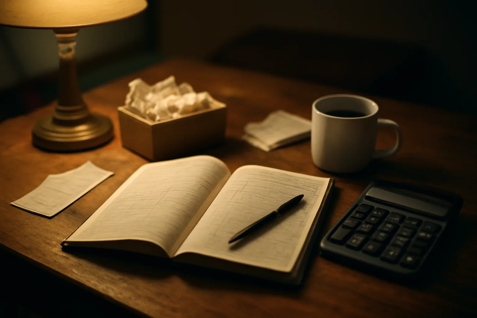 volunteer treasurer's desk with ledger, calculator, and receipts under lamp light