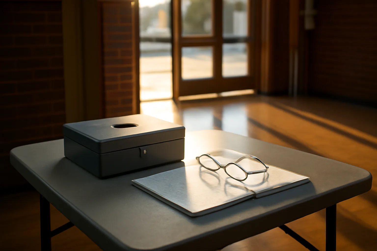 Volunteer treasurer's cash box and handwritten ledger on a folding table at a school gym